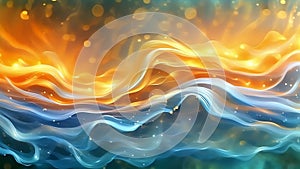 Abstract background with yellow and blue waves and golden bokeh