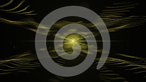 Abstract background. Yellow imitation of sound waves on black backdrop. Light blurred yellow blick is on the centre, and