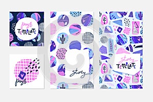 Abstract backgrounds for stories, posts, and covers. Modern hand drawn elements in collage style. Vector illustration