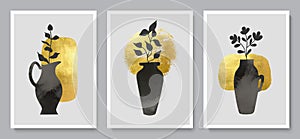 Abstract backgrounds with vases, flowers and golden figures.Pots with watercolor texture.Set of modern postcards with