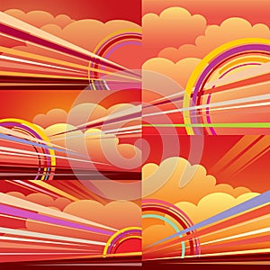 Abstract backgrownd sunrise sunset, clouds, sun, rays, orange, red