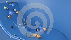 Abstract balls of different size rolling down the slope of a bended shaped object. Animation. Small and big spheres