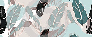 Abstract banana leaves in one line art and paper cutout styles. Tropical leaves background with fluid abstract shapes. Vector