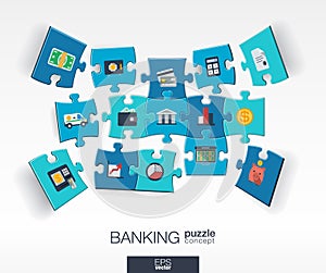 Abstract banking background with connected color puzzles, integrated flat icons. 3d infographic concept with money, card, bank