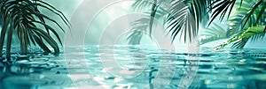 Abstract banner background with shadows from palm leaves on the blue tropical water surface. Summer vacation and travel concept.