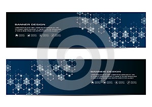 Abstract banner design, dna molecule structure background. Geometric graphics and connected lines with dots. Scientific