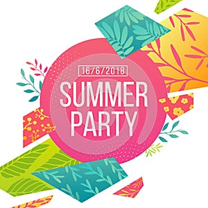 Abstract banner design for summer psrty. Geometrical triangular hexagons with pattern of leaves, twig, herbs and flowers