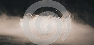 Abstract BANNER. Real Mystic smoke cloud with water drops blast, steam fly motion, dark background. Chemical experiment