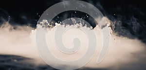 Abstract BANNER. Real Mystic smoke cloud with water drops blast, steam fly motion, dark background. Chemical experiment