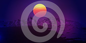 Abstract banner with retro wireframe landscape design