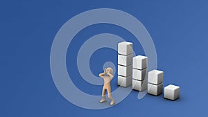 An abstract bar chart representing progressively worsening performance. A person who is shocked by failure.