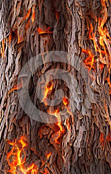 Abstract bark tree background. Bark of pine, spruce, oak. Raster bitmap concept pattern. Burning flame fire.