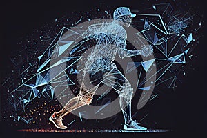 Abstract baseball player from particles, lines and triangles on blue background. All elements on a separate layers