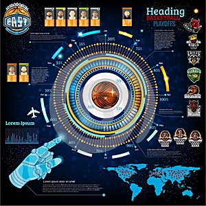 Abstract basketball infographic in computer game style. Vector background with information, chart