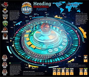 Abstract basketball infographic in computer game style. Vector blue background with information