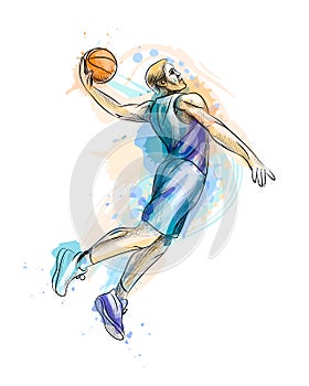 Abstract basketball player with ball from a splash of watercolor