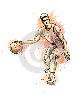 Abstract basketball player with ball from a splash of watercolor