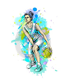 Abstract basketball player with ball from a splash of watercolor