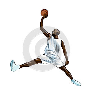 Abstract basketball player with ball from splash of watercolors, colored drawing, realistic