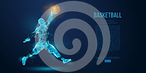 Abstract basketball player from particles, lines and triangles on blue background. Low poly neon wireframe outline