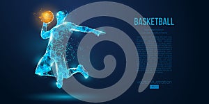 Abstract basketball player from particles, lines and triangles on blue background. Low poly neon wireframe outline