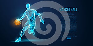 Abstract basketball player from particles, lines and triangles on blue background. Low poly neon wireframe outline