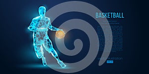 Abstract basketball player from particles, lines and triangles on blue background. Low poly neon wireframe outline photo