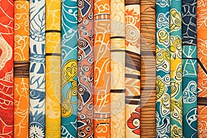 abstract batik patterns on fabric rolls