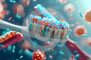 Abstract battle against tooth decay depicted with stylized bacteria and toothbrushes. Concept