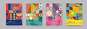 Abstract Bauhaus geometric pattern background, vector circle, triangle and square lines color art design. Colorful Bauhaus pattern photo