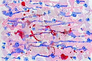 Abstract beautiful art colorful watercolor, hand drawn paint splash background, bright blue and pink colors, red blots