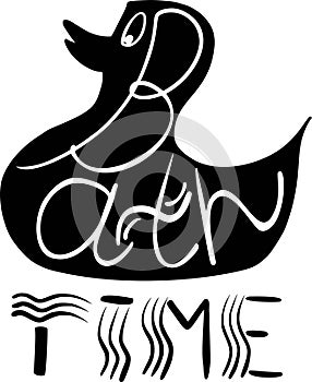 Abstract beautiful artistic graphic lovely cute bath time lettering with duck and water spray doodles vector