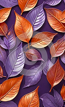 Abstract beautiful background with gold, red and blue leaves on a lilac background, floral pattern,