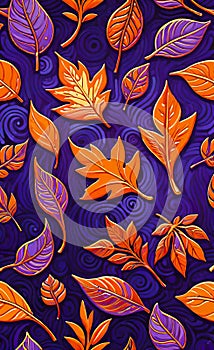 Abstract beautiful background with gold, red and blue leaves on a lilac background, floral pattern,