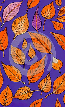 Abstract beautiful background with gold, red and blue leaves on a lilac background, floral pattern,