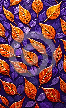 Abstract beautiful background with gold, red and blue leaves on a lilac background, floral pattern,