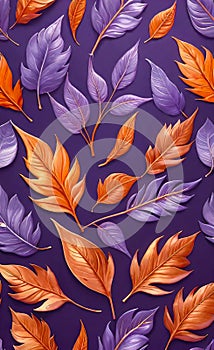 Abstract beautiful background with gold, red and blue leaves on a lilac background, floral pattern,