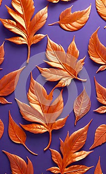 Abstract beautiful background with gold, red and blue leaves on a lilac background, floral pattern,