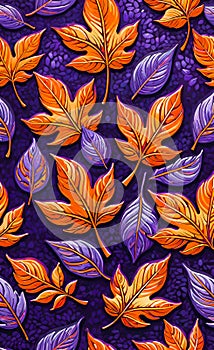 Abstract beautiful background with gold, red and blue leaves on a lilac background, floral pattern,