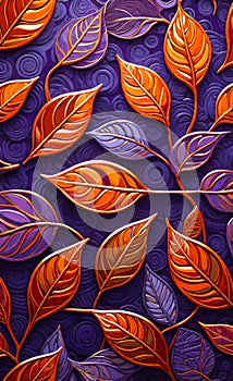 Abstract beautiful background with gold, red and blue leaves on a lilac background, floral pattern,