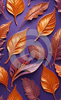 Abstract beautiful background with gold, red and blue leaves on a lilac background, floral pattern,