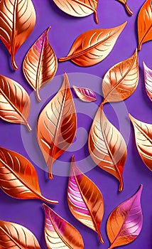 Abstract beautiful background with gold, red and blue leaves on a lilac background, floral pattern,