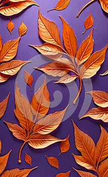 Abstract beautiful background with gold, red and blue leaves on a lilac background, floral pattern,