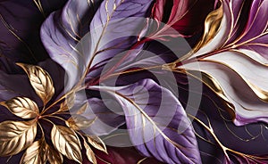 Abstract beautiful background with metal leaves and granite texture, intricate floral pattern for design,
