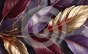 Abstract beautiful background with metal leaves and granite texture, intricate floral pattern for design,