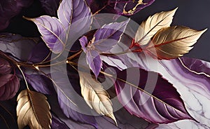 Abstract beautiful background with metal leaves and granite texture, intricate floral pattern for design,