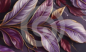 Abstract beautiful background with metal leaves and granite texture, intricate floral pattern for design,