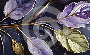 Abstract beautiful background with metal leaves and granite texture, intricate floral pattern for design,