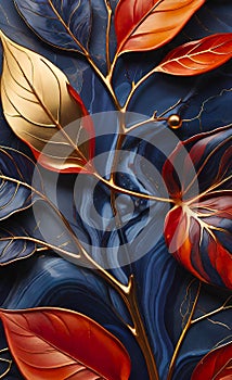 Abstract beautiful background with metal leaves and granite texture, intricate floral pattern for design,