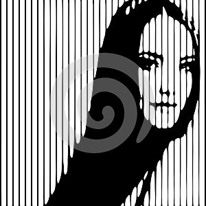 Abstract beautiful female face drawing with lines. Young woman. Girl, minimalist fashion design, vector